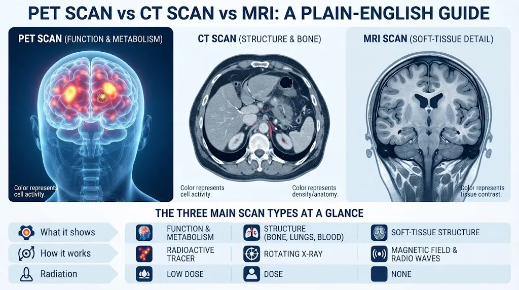 PET Scan vs CT Scan vs MRI: A Plain-English Guide to the Three Main Scan Types